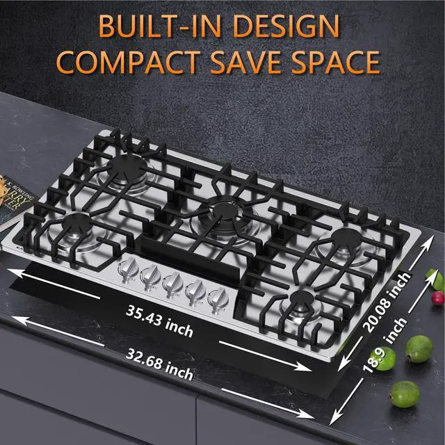Alt view image 6 of 7 - 36 inch Gas Cooktop, Bulit-in Gas Stove Top with 5 Burner, NG/LPG Convertible Cooktops, 5 Burner Propane Cooktop with Thermocouple Protection, Stainless Steel