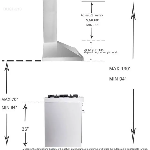 Alt view image 3 of 7 - Wall Mount Range Hood Cover Extension Retractable Adjustable Kitchen Fan Chimney Vent Extender Duct Stainless Steel Upper and Lower 8 1/4"(W) x6. 7"(D) x 31 1/2~63"(H)