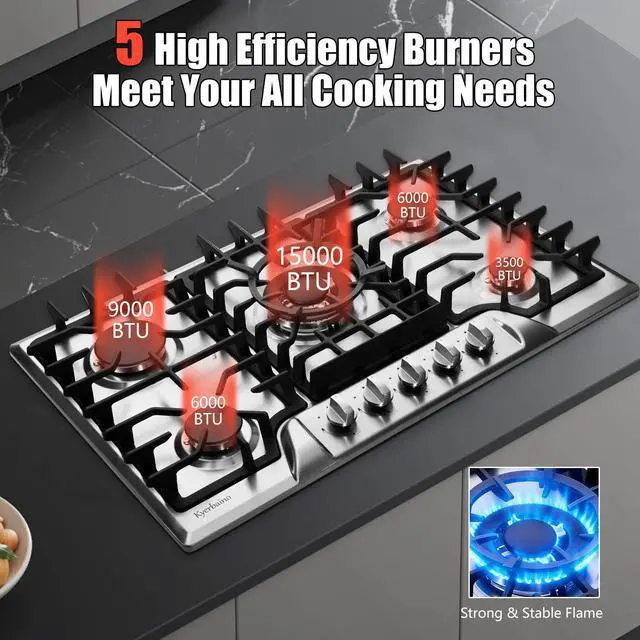 Alt view image 2 of 7 - Gas Cooktop 30 Inch, Built-in 5 Burners Gas Stovetop Stainless Steel LPG/NG Convertible Gas Stove Dual Fuel Sealed Gas Cooktop
