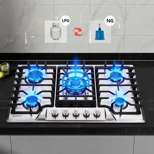 Alt view image 3 of 7 - Gas Cooktop 30 Inch, Built-in 5 Burners Gas Stovetop Stainless Steel LPG/NG Convertible Gas Stove Dual Fuel Sealed Gas Cooktop