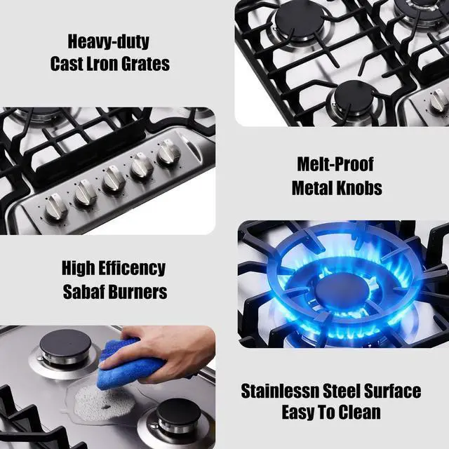 Alt view image 4 of 7 - Gas Cooktop 30 Inch, Built-in 5 Burners Gas Stovetop Stainless Steel LPG/NG Convertible Gas Stove Dual Fuel Sealed Gas Cooktop