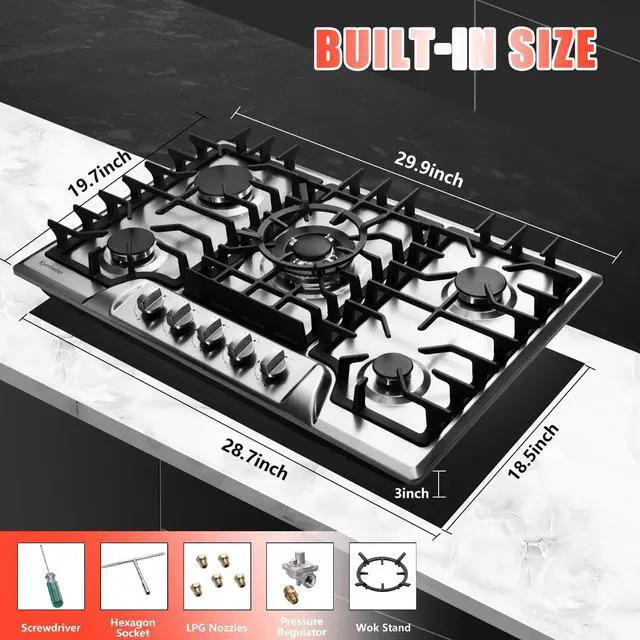 Alt view image 5 of 7 - Gas Cooktop 30 Inch, Built-in 5 Burners Gas Stovetop Stainless Steel LPG/NG Convertible Gas Stove Dual Fuel Sealed Gas Cooktop