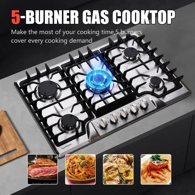 Alt view image 6 of 7 - Gas Cooktop 30 Inch, Built-in 5 Burners Gas Stovetop Stainless Steel LPG/NG Convertible Gas Stove Dual Fuel Sealed Gas Cooktop