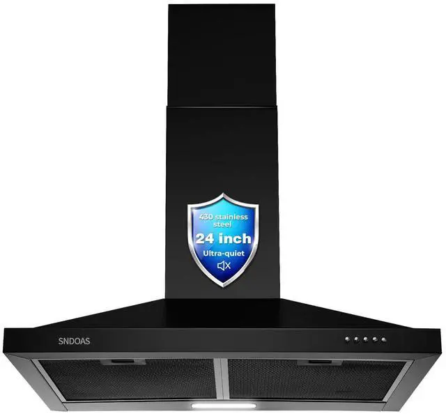 Main image of 24 inch Range Hood Black,Stainless Steel Chimney-Style Kitchen Hood, Ductless Stove Hood Vent with Energy Saving LED Light,Wall Mount Vent Hood, Push Button 3-Speed Exhaust Fan