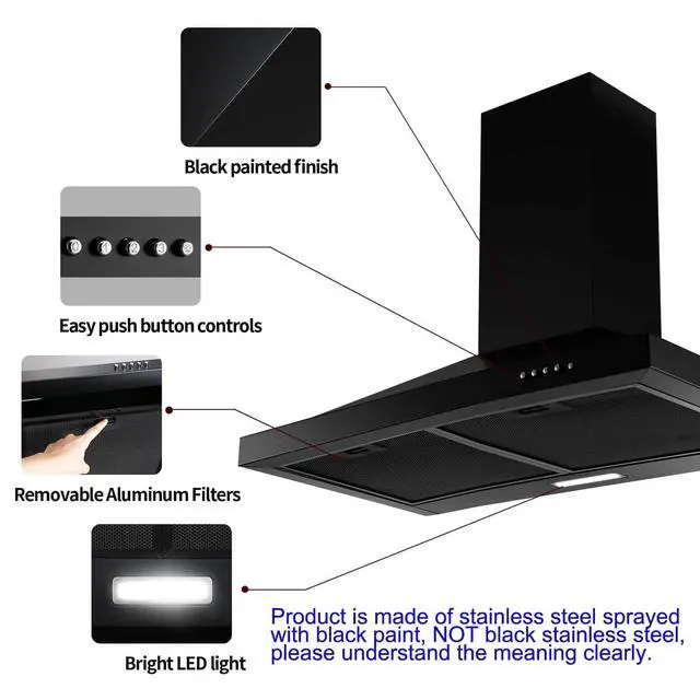 Alt view image 3 of 7 - 24 inch Range Hood Black,Stainless Steel Chimney-Style Kitchen Hood, Ductless Stove Hood Vent with Energy Saving LED Light,Wall Mount Vent Hood, Push Button 3-Speed Exhaust Fan