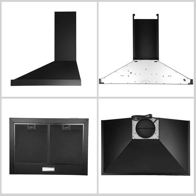 Alt view image 4 of 7 - 24 inch Range Hood Black,Stainless Steel Chimney-Style Kitchen Hood, Ductless Stove Hood Vent with Energy Saving LED Light,Wall Mount Vent Hood, Push Button 3-Speed Exhaust Fan