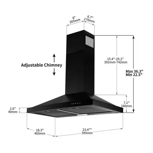 Alt view image 7 of 7 - 24 inch Range Hood Black,Stainless Steel Chimney-Style Kitchen Hood, Ductless Stove Hood Vent with Energy Saving LED Light,Wall Mount Vent Hood, Push Button 3-Speed Exhaust Fan