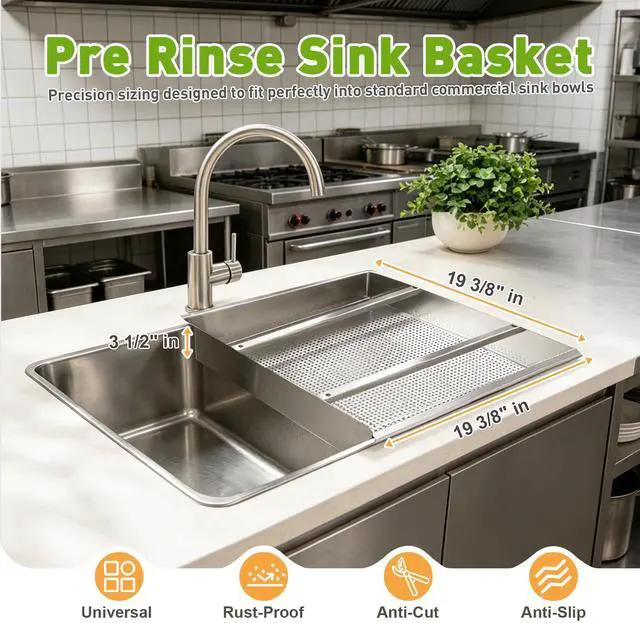 Alt view image 2 of 7 - Commercial Pre Rinse Basket for Restaurant Sink 19 3/8" x 19 3/8" x 3.5" Heavy Duty Stainless Steel Pre Rinse Basket with Slides for Dishwashing Station Kitchen Scrap Food Waste Strainer