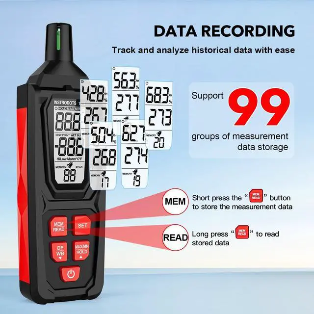 Alt view image 3 of 7 - Temperature Humidity Meter, High Precision Digital Hygrometer Thermometer with Dew Point/Wet Bulb, Indoor Outdoor Monitor, 99 Data Storage, Temp Alarm, Backlight, MAX/MIN, Auto Shutdown