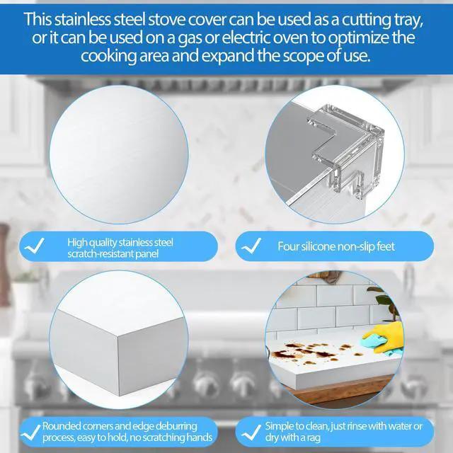 Alt view image 5 of 7 - Stainless Steel Gas Stove Cover Board, 30 x 22 x 2.8 Inches, Large Stove Top Cover with Anti-slip Feet,Handle,Anti-collision Corner Guards,Easy to Install,Keep the Stove Clean,Bright and Beautiful