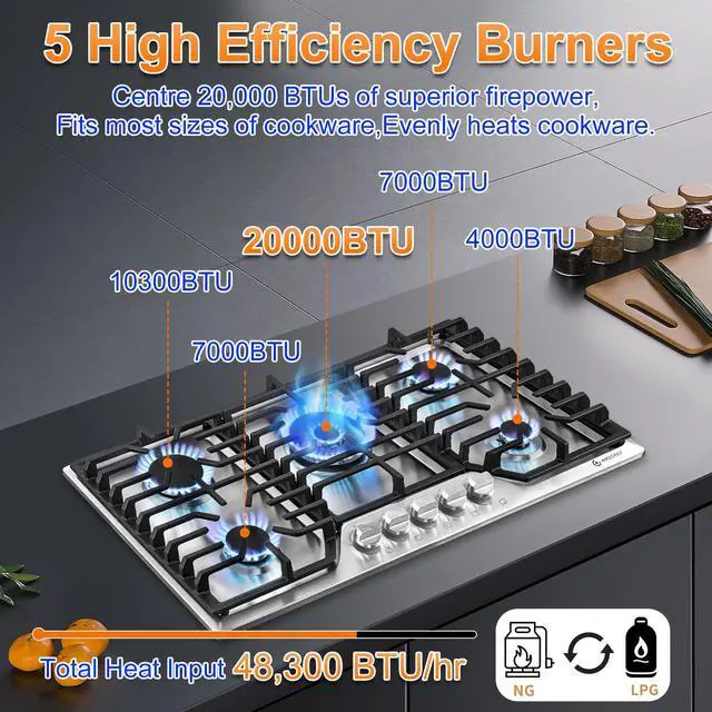 Alt view image 2 of 7 - 30 Inch Gas Cooktop, Gas Stove Top with 5 Italy SABAF Power Burners | Max 48,300 BTU Built-in Gas Hob, 304 Stainless Steel Panel, NG/LPG Convertible, ETL Certified