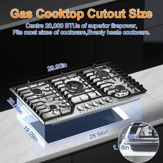 Alt view image 3 of 7 - 30 Inch Gas Cooktop, Gas Stove Top with 5 Italy SABAF Power Burners | Max 48,300 BTU Built-in Gas Hob, 304 Stainless Steel Panel, NG/LPG Convertible, ETL Certified