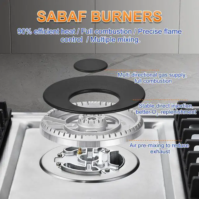 Alt view image 4 of 7 - 30 Inch Gas Cooktop, Gas Stove Top with 5 Italy SABAF Power Burners | Max 48,300 BTU Built-in Gas Hob, 304 Stainless Steel Panel, NG/LPG Convertible, ETL Certified