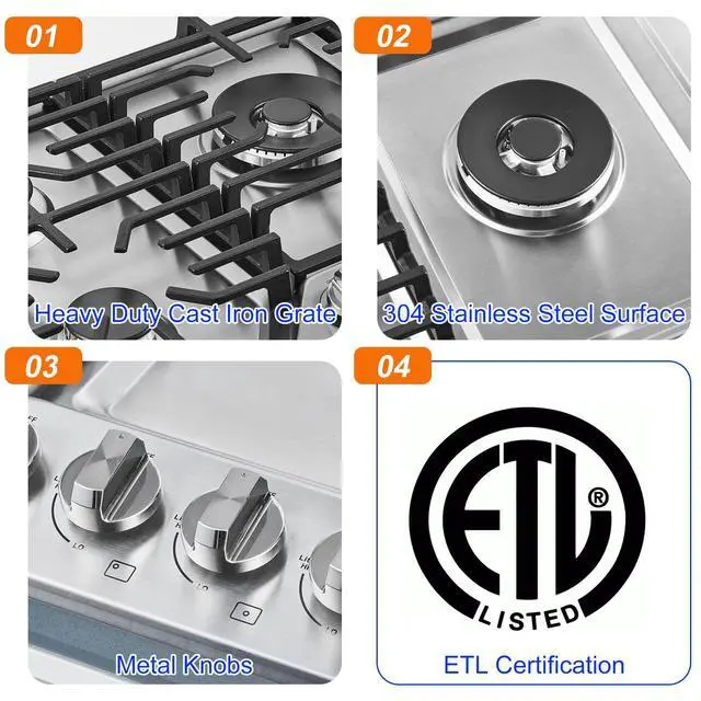 Alt view image 5 of 7 - 30 Inch Gas Cooktop, Gas Stove Top with 5 Italy SABAF Power Burners | Max 48,300 BTU Built-in Gas Hob, 304 Stainless Steel Panel, NG/LPG Convertible, ETL Certified