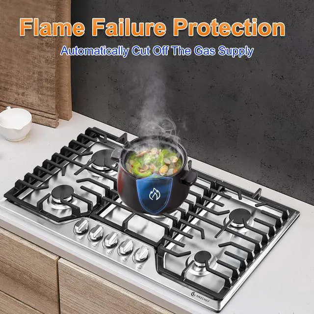 Alt view image 6 of 7 - 30 Inch Gas Cooktop, Gas Stove Top with 5 Italy SABAF Power Burners | Max 48,300 BTU Built-in Gas Hob, 304 Stainless Steel Panel, NG/LPG Convertible, ETL Certified