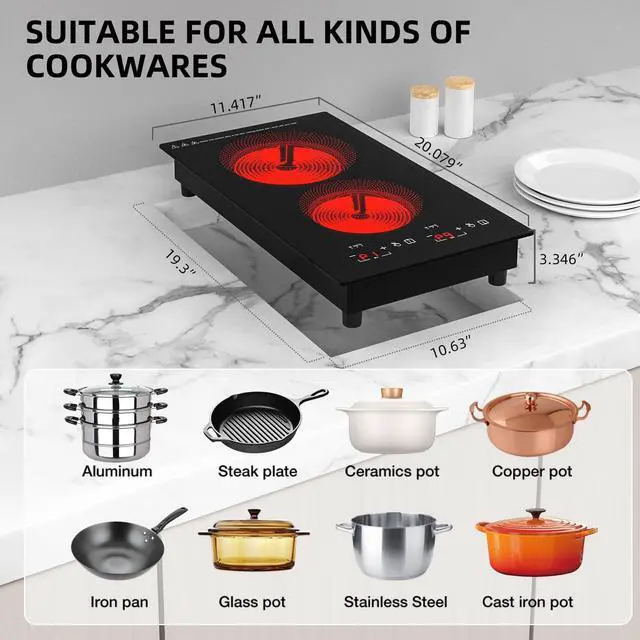 Alt view image 3 of 7 - Electric Cooktop 2 Burners 2100W, 110v-120v Electric Stove Top 12 inch, Countertop & Built-in Cooktop, 20 Temperature 9 Power Levels, Child Lock, Timer, Over-Heat Protection