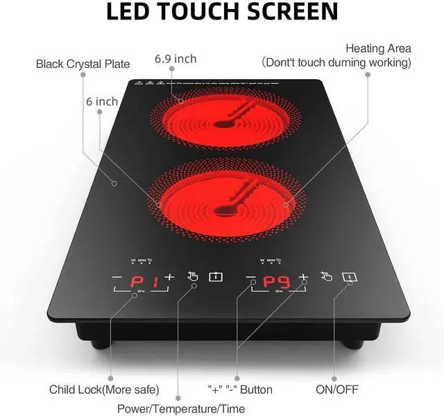 Alt view image 4 of 7 - Electric Cooktop 2 Burners 2100W, 110v-120v Electric Stove Top 12 inch, Countertop & Built-in Cooktop, 20 Temperature 9 Power Levels, Child Lock, Timer, Over-Heat Protection