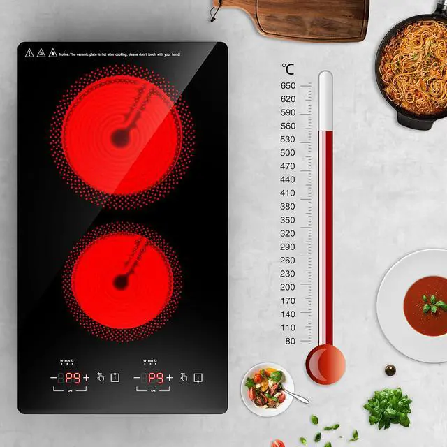 Alt view image 2 of 7 - Electric Cooktop 2 Burners 2100W, 110v-120v Electric Stove Top 12 inch, Countertop & Built-in Cooktop, 20 Temperature 9 Power Levels, Child Lock, Timer, Over-Heat Protection