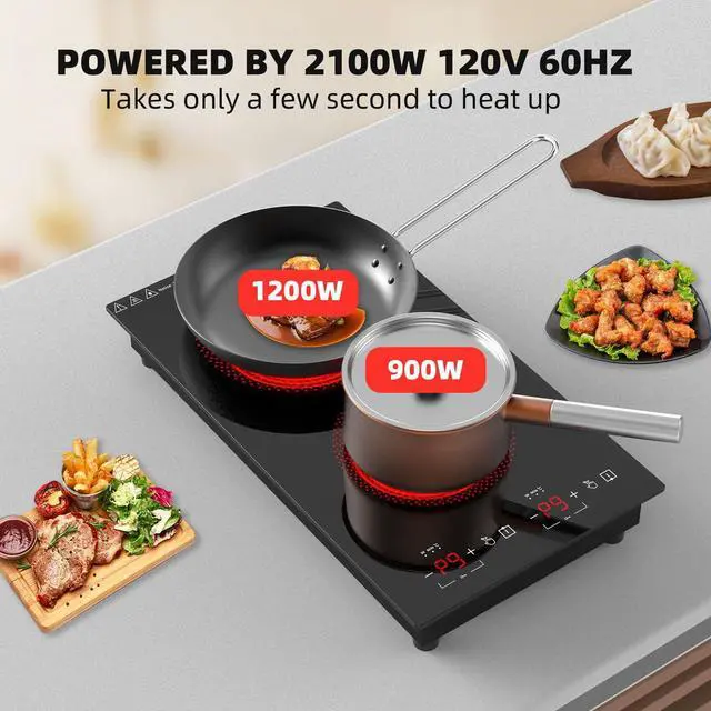 Alt view image 5 of 7 - Electric Cooktop 2 Burners 2100W, 110v-120v Electric Stove Top 12 inch, Countertop & Built-in Cooktop, 20 Temperature 9 Power Levels, Child Lock, Timer, Over-Heat Protection