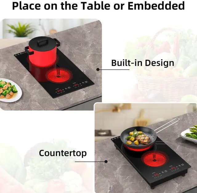 Alt view image 6 of 7 - Electric Cooktop 2 Burners 2100W, 110v-120v Electric Stove Top 12 inch, Countertop & Built-in Cooktop, 20 Temperature 9 Power Levels, Child Lock, Timer, Over-Heat Protection