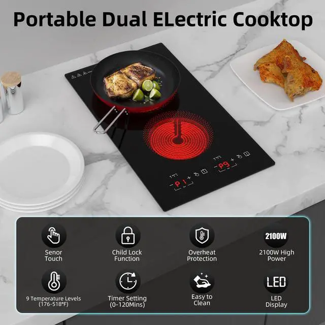 Alt view image 7 of 7 - Electric Cooktop 2 Burners 2100W, 110v-120v Electric Stove Top 12 inch, Countertop & Built-in Cooktop, 20 Temperature 9 Power Levels, Child Lock, Timer, Over-Heat Protection