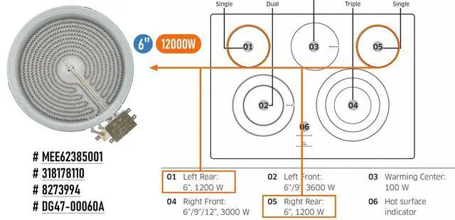 Alt view image 5 of 5 - Range 6" Radiant Surface Element/Burner Compatible with LG MEE62385001, Frigidaire 318178110, Whirlpool 8273994/W11171119, Samsung DG47-00060A
