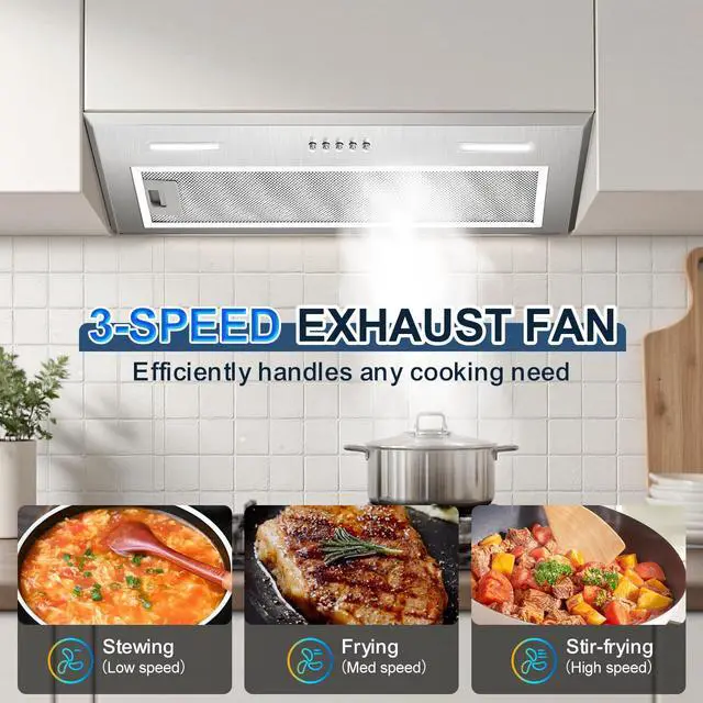 Alt view image 2 of 7 - Insert Range Hood 24Inch, Built-in Kitchen Hood with 353 CFM, 3-Speed Vent Hood with Push Button Control LED Lights, Metal Filter, Suitable for Home kitchen, Compact Kitchen, Apartments