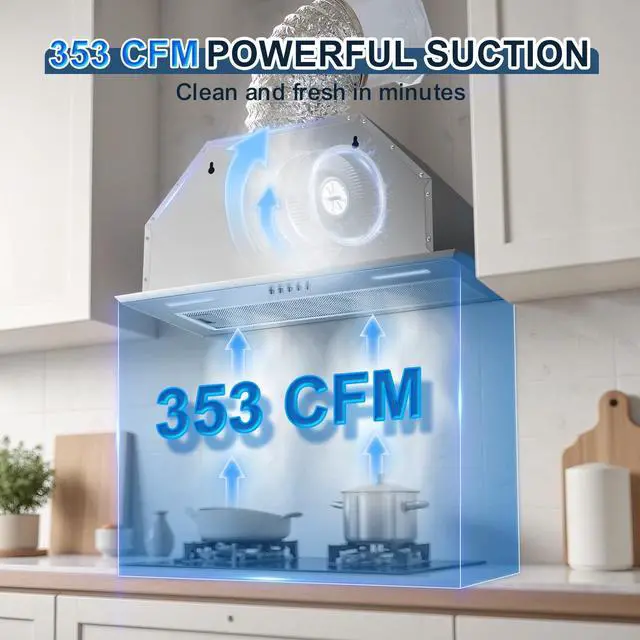 Alt view image 3 of 7 - Insert Range Hood 24Inch, Built-in Kitchen Hood with 353 CFM, 3-Speed Vent Hood with Push Button Control LED Lights, Metal Filter, Suitable for Home kitchen, Compact Kitchen, Apartments