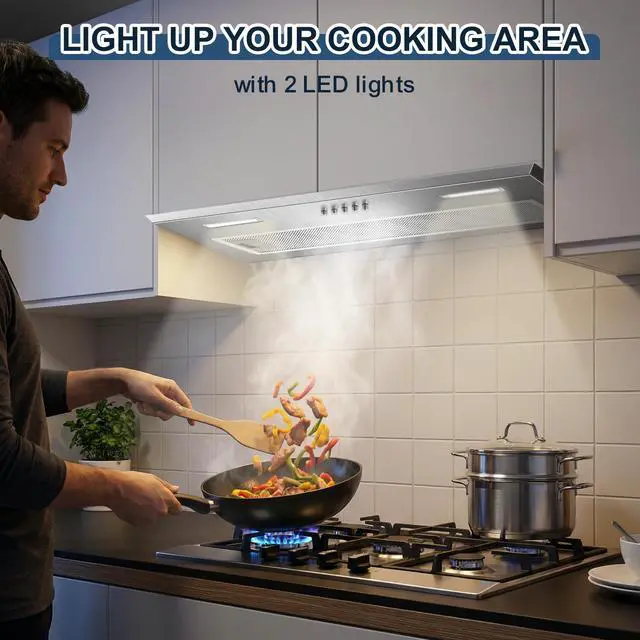 Alt view image 5 of 7 - Insert Range Hood 24Inch, Built-in Kitchen Hood with 353 CFM, 3-Speed Vent Hood with Push Button Control LED Lights, Metal Filter, Suitable for Home kitchen, Compact Kitchen, Apartments