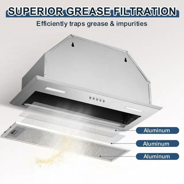 Alt view image 6 of 7 - Insert Range Hood 24Inch, Built-in Kitchen Hood with 353 CFM, 3-Speed Vent Hood with Push Button Control LED Lights, Metal Filter, Suitable for Home kitchen, Compact Kitchen, Apartments