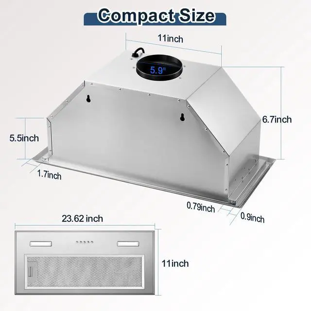 Alt view image 7 of 7 - Insert Range Hood 24Inch, Built-in Kitchen Hood with 353 CFM, 3-Speed Vent Hood with Push Button Control LED Lights, Metal Filter, Suitable for Home kitchen, Compact Kitchen, Apartments