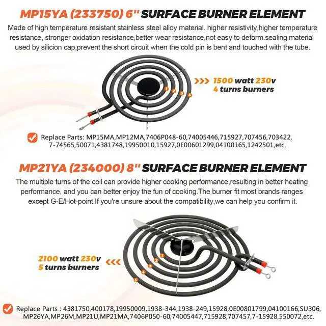 Alt view image 3 of 7 - UPGRADED5304430149 5304430150 Porcelain Drip Pan Bowls & MP22YA Electric Range Burner Element Unit Set Fit for Frigidaire Kenmore Crosley Range Oven Stove Replace 318067041 318067051 by