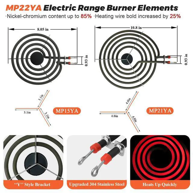 Alt view image 2 of 7 - UPGRADED5304430149 5304430150 Porcelain Drip Pan Bowls & MP22YA Electric Range Burner Element Unit Set Fit for Frigidaire Kenmore Crosley Range Oven Stove Replace 318067041 318067051 by