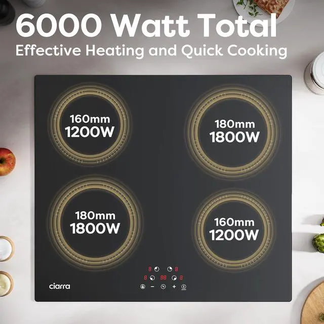 Alt view image 2 of 7 - 24 Inch Induction Cooktop 4 Burners 6000W | Built-in Induction Cooktop 220-240V, Touch Control 9 Power Levels & 99min Timer, Child Lock, Residual Heat Warning