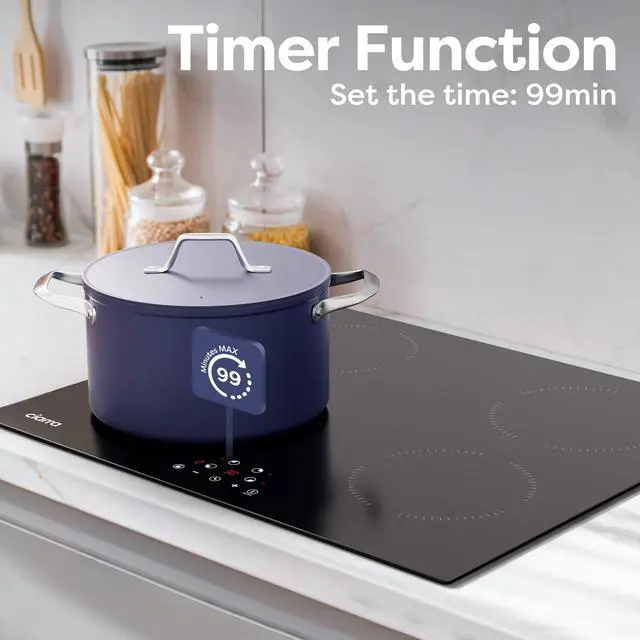 Alt view image 6 of 7 - 24 Inch Induction Cooktop 4 Burners 6000W | Built-in Induction Cooktop 220-240V, Touch Control 9 Power Levels & 99min Timer, Child Lock, Residual Heat Warning