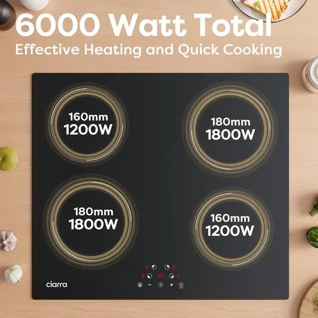 Alt view image 2 of 7 - 24 Inch Induction Cooktop 4 Burners 6000W | Built-in Induction Cooktop 220-240V, Touch Control 9 Power Levels & 99min Timer, Child Lock, Residual Heat Warning