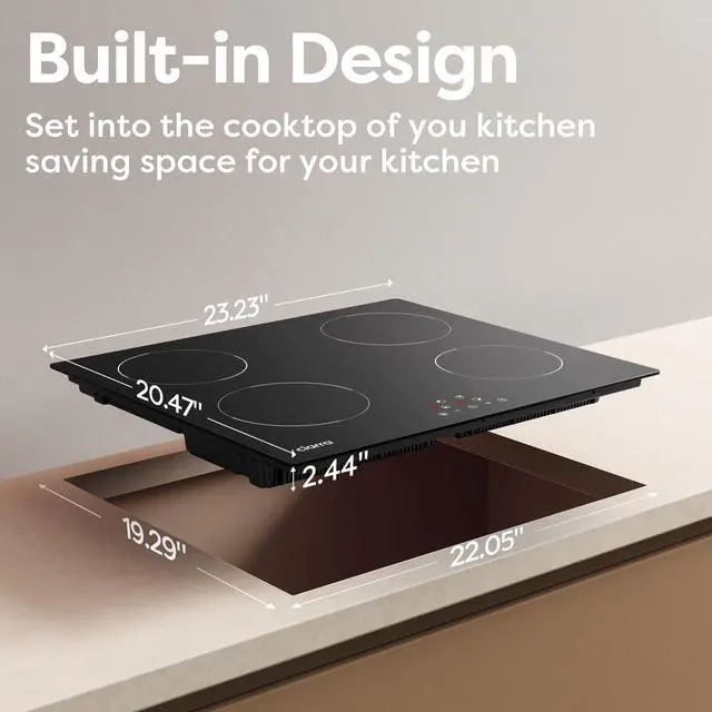 Alt view image 5 of 7 - 24 Inch Induction Cooktop 4 Burners 6000W | Built-in Induction Cooktop 220-240V, Touch Control 9 Power Levels & 99min Timer, Child Lock, Residual Heat Warning