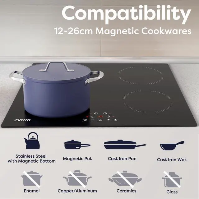 Alt view image 5 of 7 - 24 Inch Induction Cooktop 4 Burners 6000W | Built-in Induction Cooktop 220-240V, Touch Control 9 Power Levels & 99min Timer, Child Lock, Residual Heat Warning