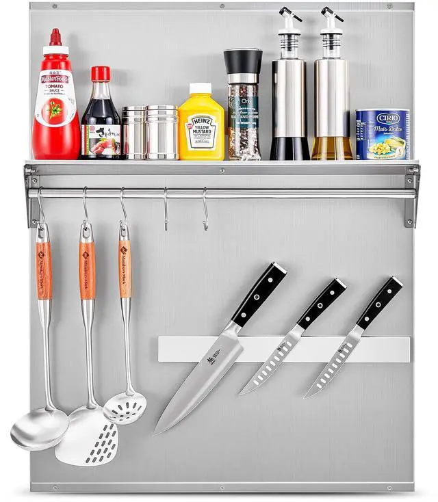 Main image of Range Backsplash, 24"x30" Stainless Steel Backsplash with Storage Shelf & Magnetic Knife Rack, Range Hood Stainless Steel Backsplash for Stove, Range Hood Wall Shield with Pre-Drilled Holes