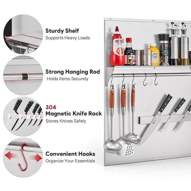 Alt view image 2 of 7 - Range Backsplash, 24"x30" Stainless Steel Backsplash with Storage Shelf & Magnetic Knife Rack, Range Hood Stainless Steel Backsplash for Stove, Range Hood Wall Shield with Pre-Drilled Holes