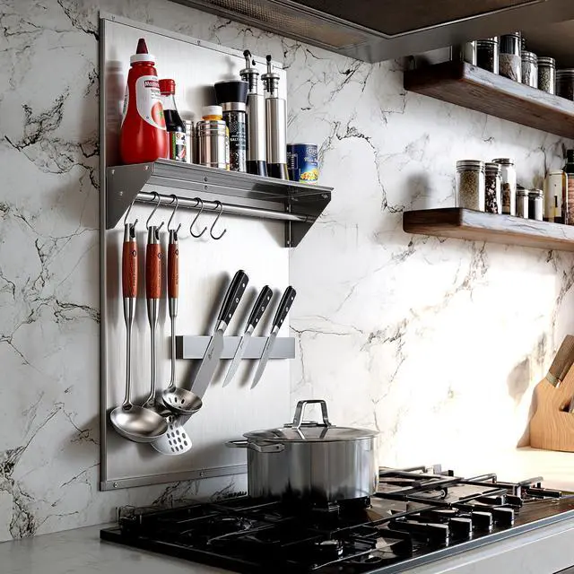 Alt view image 6 of 7 - Range Backsplash, 24"x30" Stainless Steel Backsplash with Storage Shelf & Magnetic Knife Rack, Range Hood Stainless Steel Backsplash for Stove, Range Hood Wall Shield with Pre-Drilled Holes