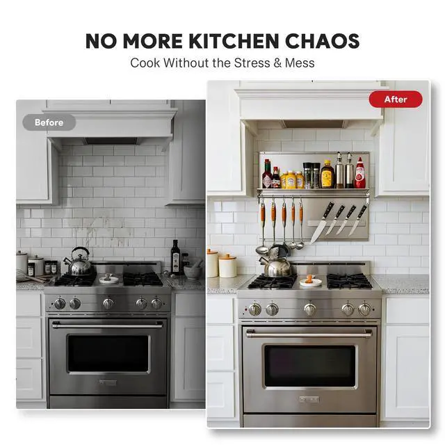 Alt view image 4 of 7 - Range Backsplash, 24"x30" Stainless Steel Backsplash with Storage Shelf & Magnetic Knife Rack, Range Hood Stainless Steel Backsplash for Stove, Range Hood Wall Shield with Pre-Drilled Holes