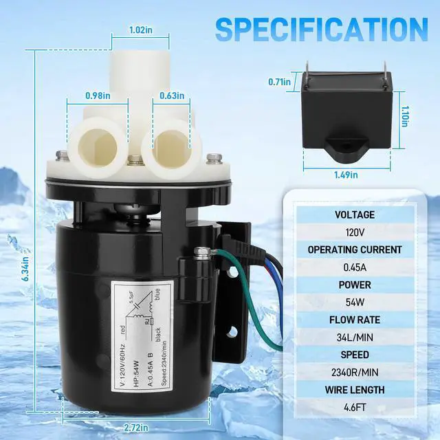 Alt view image 4 of 7 - PA0613 Ice Machine Water Pump Motor Assembly with Capacitor | Compatible with Hoshizaki KM 280 320 450 500 600 630 650 800 900 Series, Replaces S-0613, APTA92P10WD1, 120V 60Hz 0.45A 54W