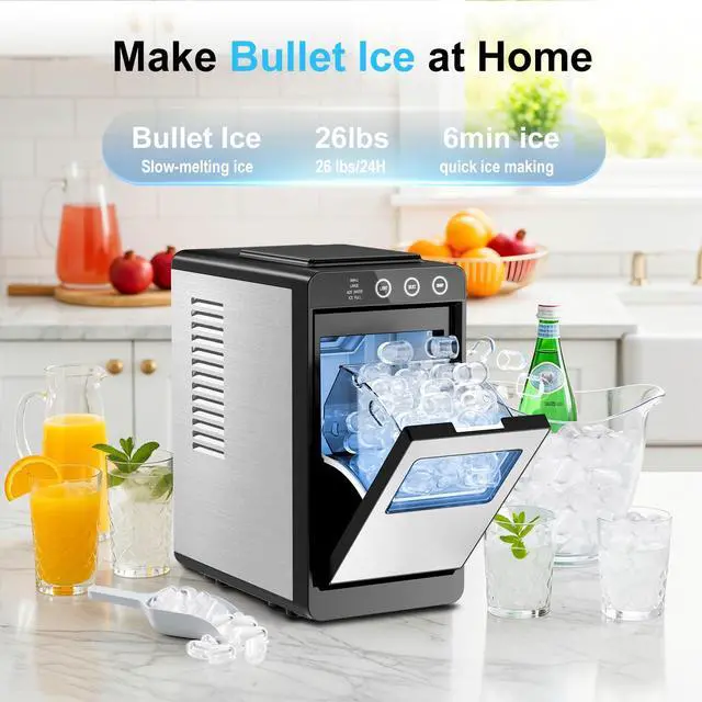 Alt view image 2 of 7 - Countertop Ice Maker, 8 Bullet Cubes in 6 Mins, 26.5lbs in 24Hrs, 2 Ice Sizes, Self-Cleaning Portable Ice Maker with Basket and Scoop, for Home/Office/Camping/RV, Stainless Steel