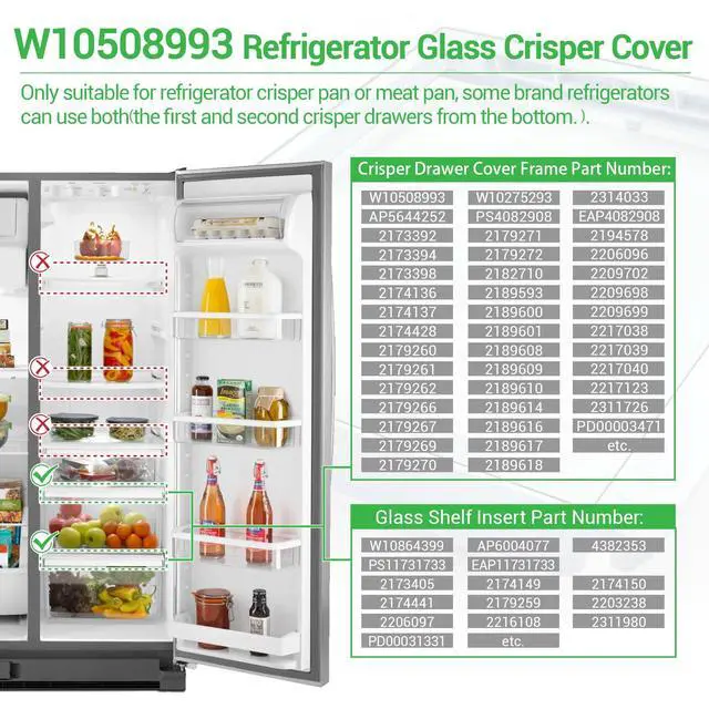 Alt view image 4 of 7 - W10508993, W10864399 Refrigerator Glass Crisper Cover Compatible with whirlpool, kenmore, maytag, amana and kitchenAid etc, Crisper Drawer Cover Assembly W10275293 Replace 2217039, 2206096, 2209698