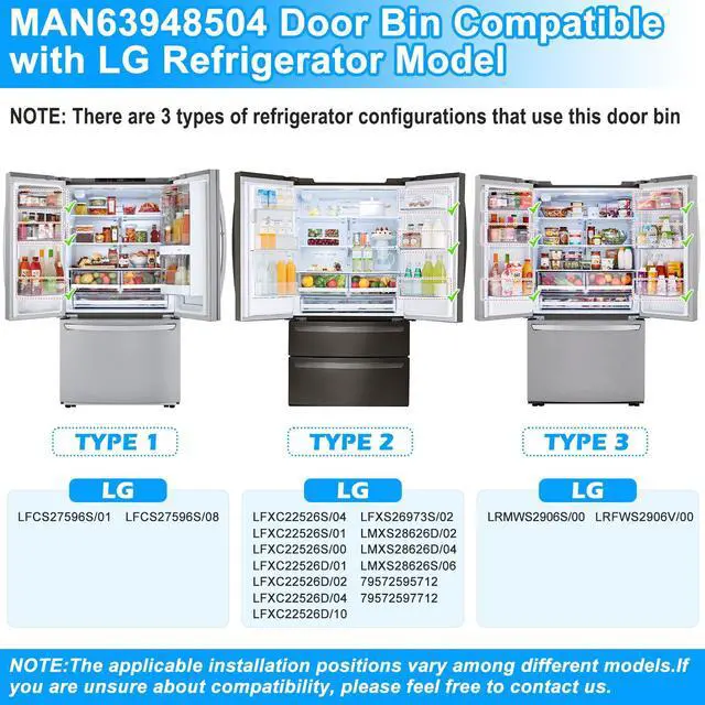 Alt view image 3 of 7 - 2PACK UPGRADED MAN63948504 Refrigerator Door Shelf Bin Compatible with LG Fridge Door Shelf Replacement Parts LMXS28626S LFXS26973S LFXC22526D MAN63948504 Kenmore LG Fridge Door Bin Shelves Basket