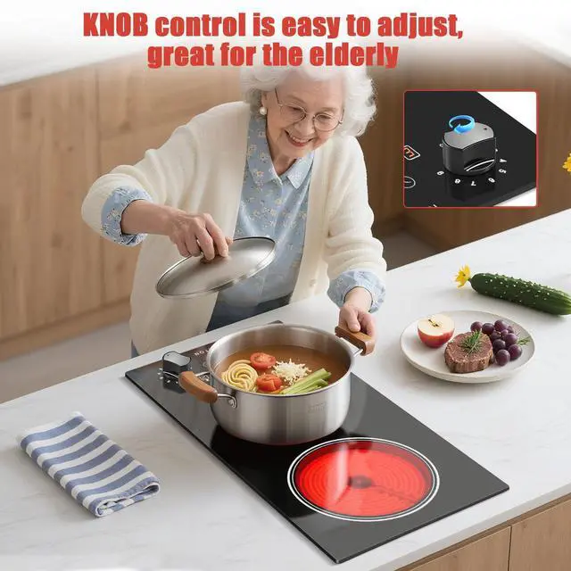 Alt view image 3 of 7 - 2 Burners Electric Cooktop 110V, 12 Inch Radiant Ceramic Stove(YS) | 110V Outlet Plug, Knob & Touch Control, 2000W, Built-in or Countertop Use, Portable Electric Hot Plate, Timer, Child Lock