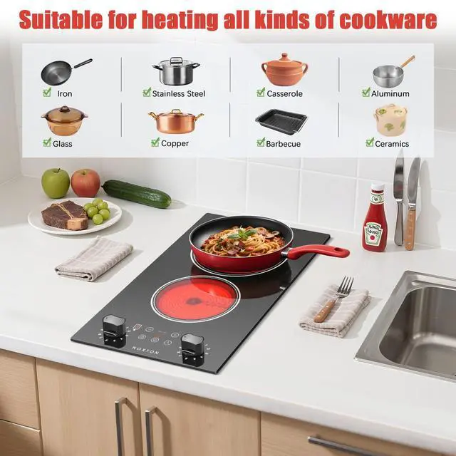 Alt view image 6 of 7 - 2 Burners Electric Cooktop 110V, 12 Inch Radiant Ceramic Stove(YS) | 110V Outlet Plug, Knob & Touch Control, 2000W, Built-in or Countertop Use, Portable Electric Hot Plate, Timer, Child Lock