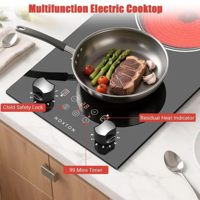 Alt view image 7 of 7 - 2 Burners Electric Cooktop 110V, 12 Inch Radiant Ceramic Stove(YS) | 110V Outlet Plug, Knob & Touch Control, 2000W, Built-in or Countertop Use, Portable Electric Hot Plate, Timer, Child Lock