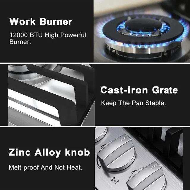 Alt view image 4 of 7 - 30 inch Gas Cooktop, Bulit-in Gas Stove Top with 5 Burner, NG/LPG Convertible Cooktops, 5 Burner Propane Cooktop with Thermocouple Protection, Stainless Steel
